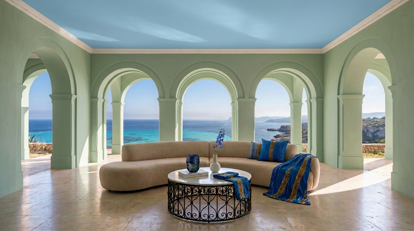 Flagship Mediterranean room: sage walls, sky ceiling, sea view