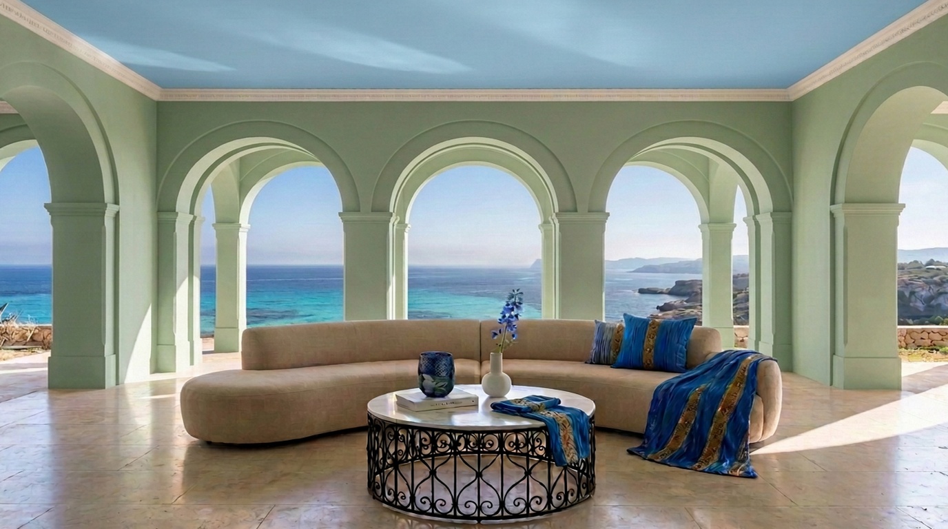 Mediterranean living room with sage arches and sea view